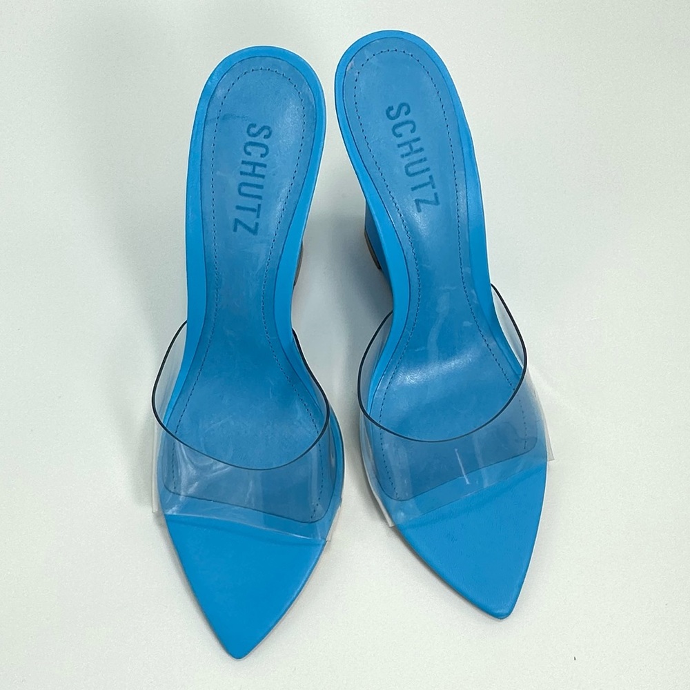 NWOT Schutz lucimara vinyl blue wedge sandal size 7.5 - Picture 3 of 11
